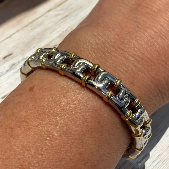 Vintage Joan Rivers Silver & Gold Tone Flexible Open Cuff Bracelet - Picture 1 of 9